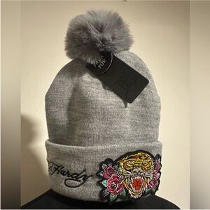 NWT Ed Hardy Faux Fur Pom Pom Beanie, Gray